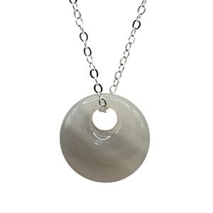 Silver‎ Chain Necklace with Grey Agate Donut Pendant Minimalist Dainty Boho